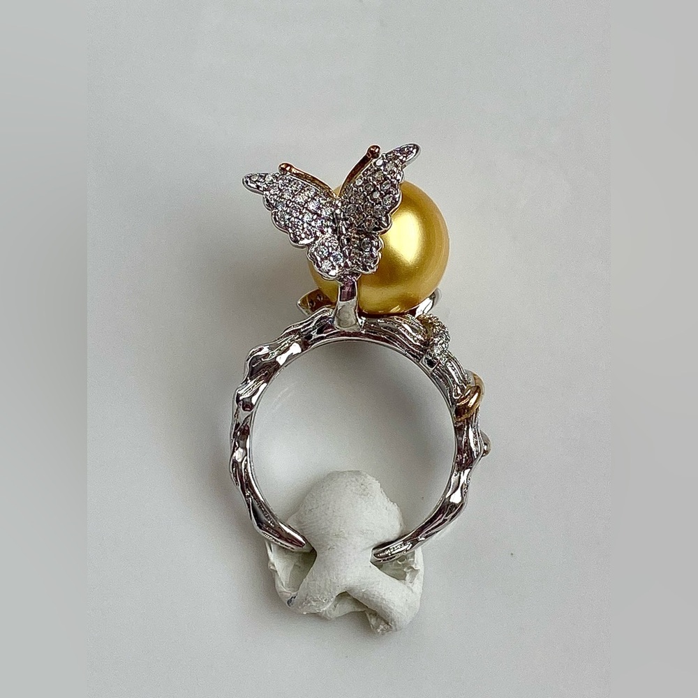 R25- Premium Round Deep Gold South Sea Pearl 11.8 mm s925 Butterfly Ring - Picture 7 of 9